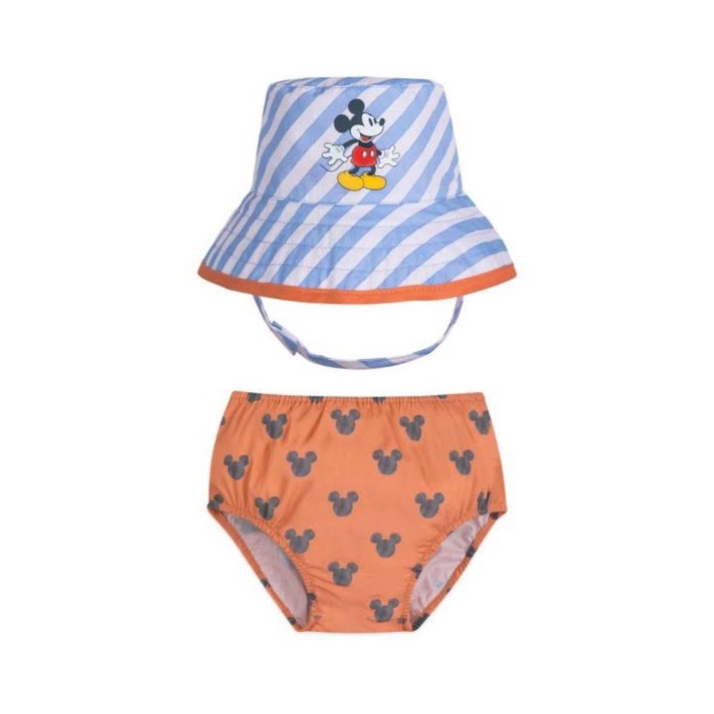 NWOT Disney Baby Orange & Blue Mickey Mouse Bucket Hat & Diaper Cover Set 6-12M